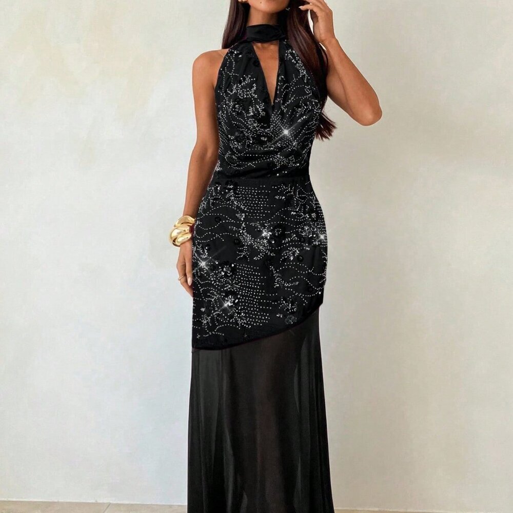 Black Party Women's Sequin Flowy Plunging Neck Long Dress